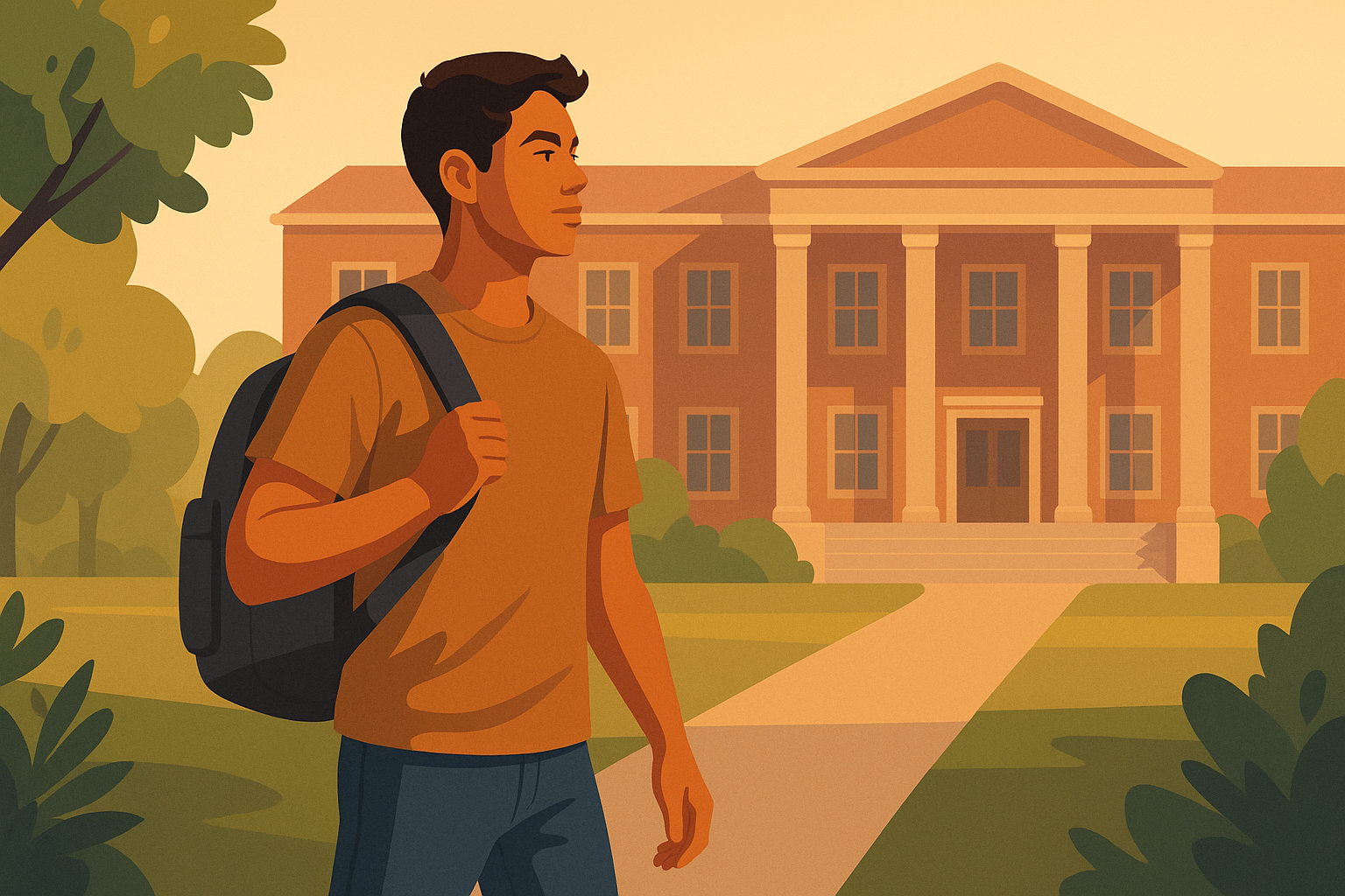 First-generation Hispanic student walking across a university campus with a backpack, academic building in background